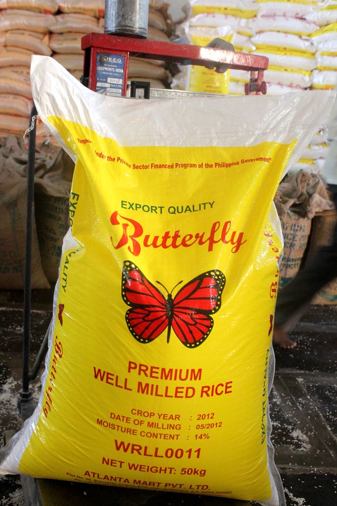 A printed 50 kg export-quality rice sack standing upright at the mill