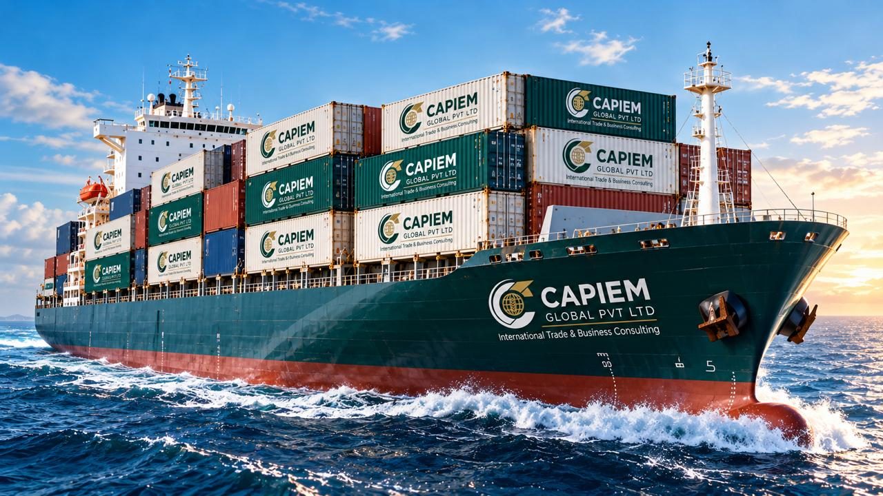 A container ship at sea carrying containers branded Capiem Global